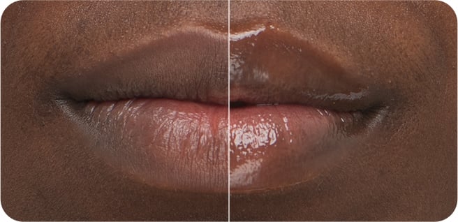 Model's lips before and after using 'BOUNCY & FIRM LIP TREATMENT' shows a visible improvement in plumpness and smoothness.