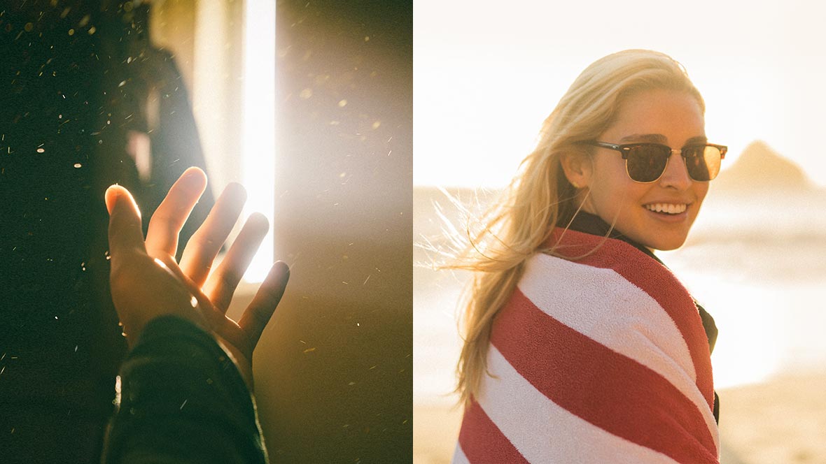 Hands under the sun + a woman with sunglasses